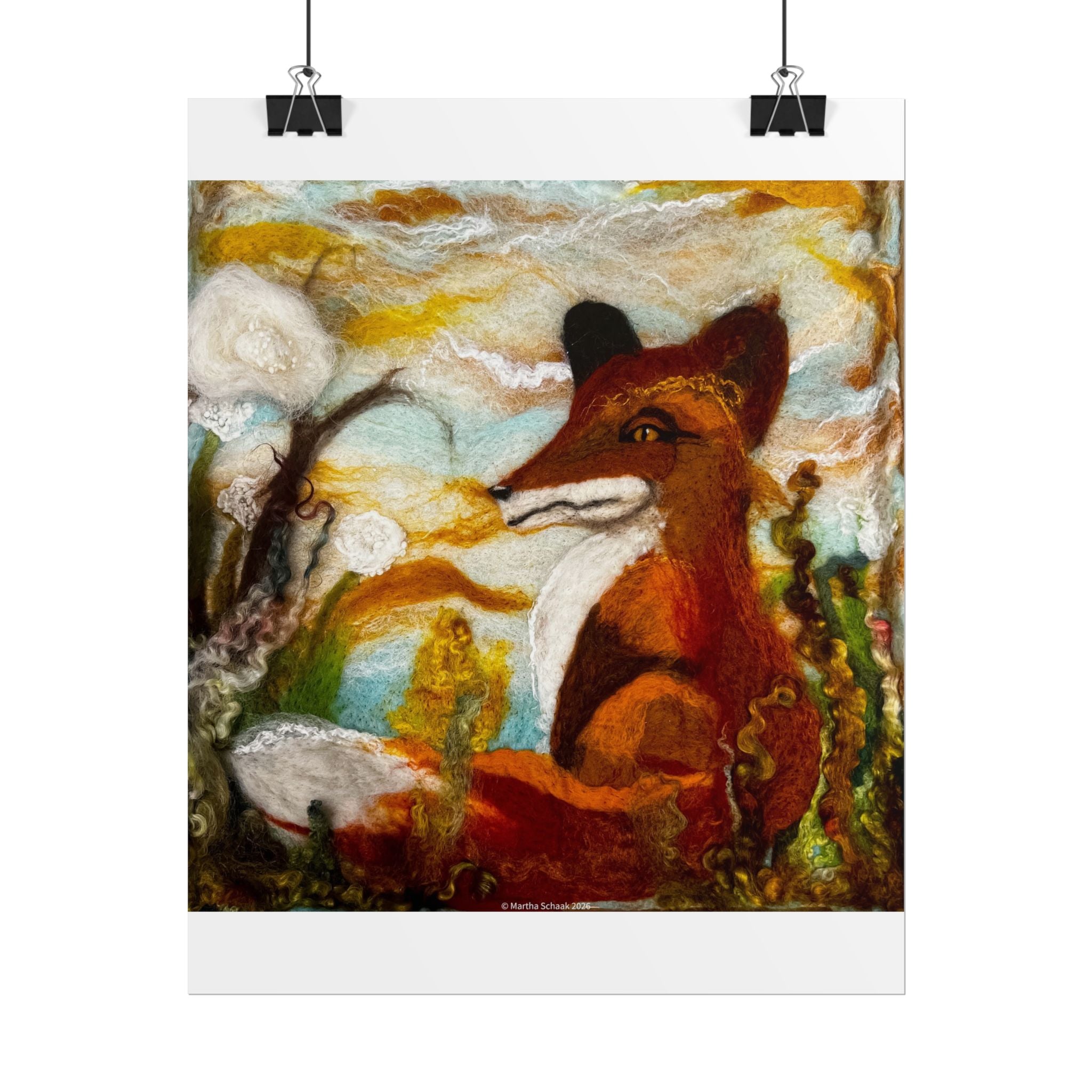 “A Golden Fox Afternoon” print of the original felted 2D fiber painting