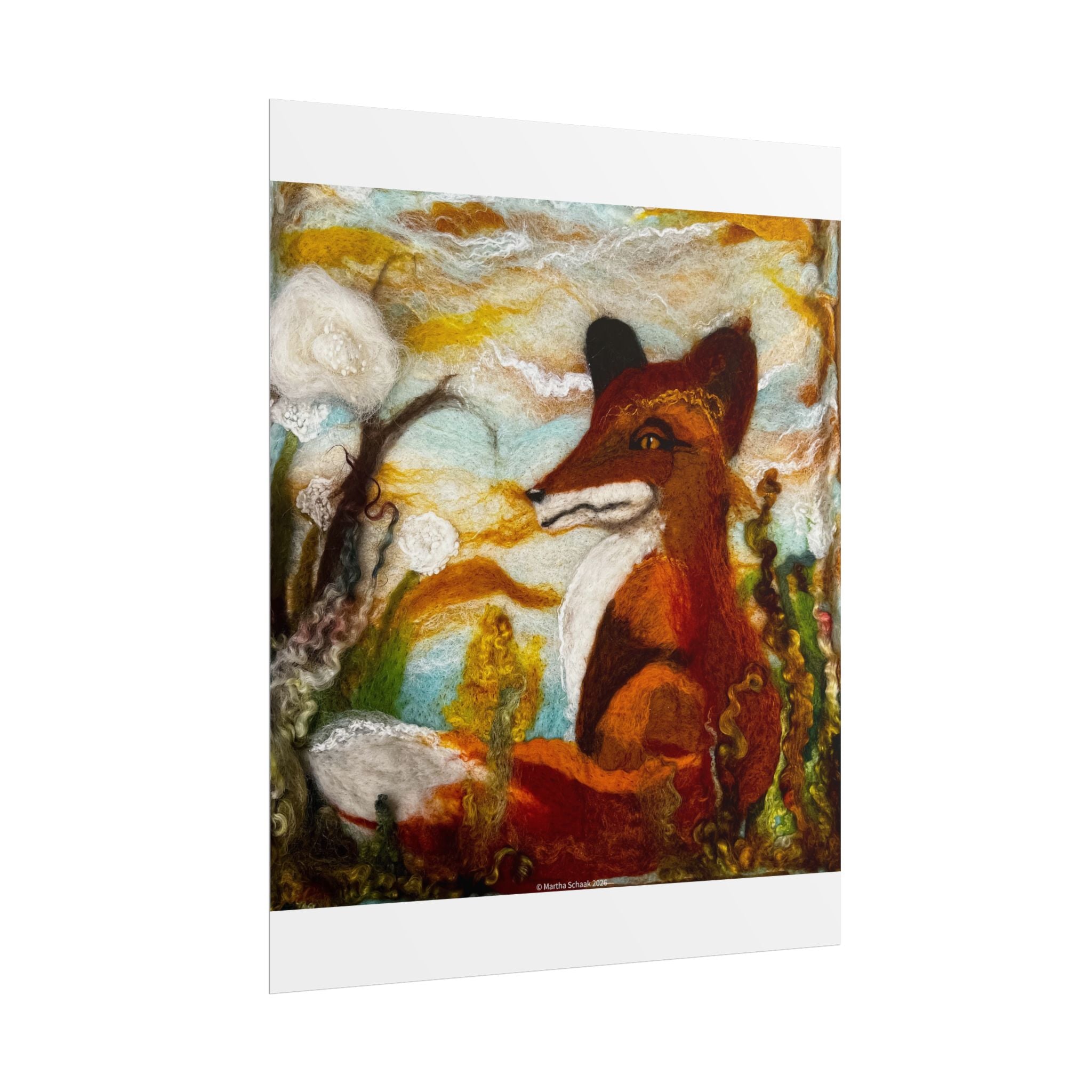 “A Golden Fox Afternoon” print of the original felted 2D fiber painting