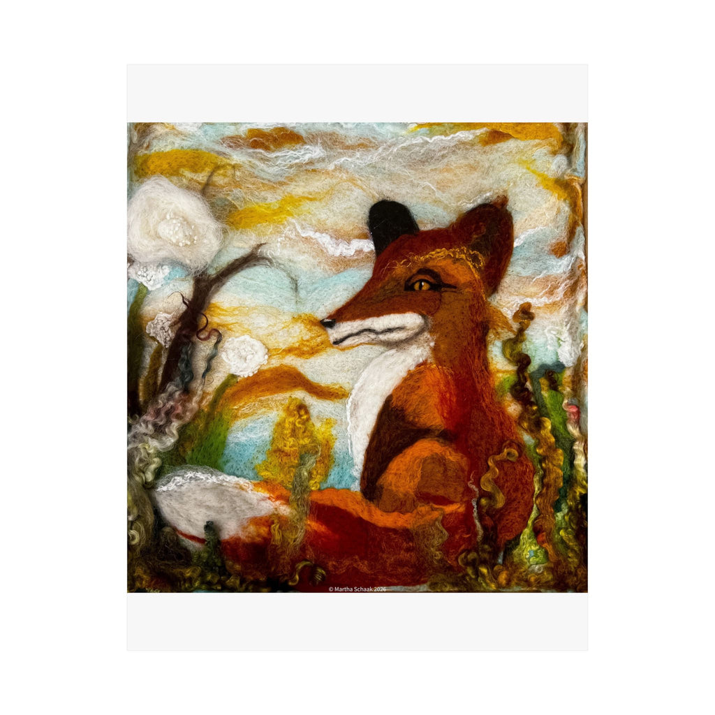 Golden Fox Afternoon art print from original felted wool painting  Matte Vertical Poster | Forest Animal Wall Art