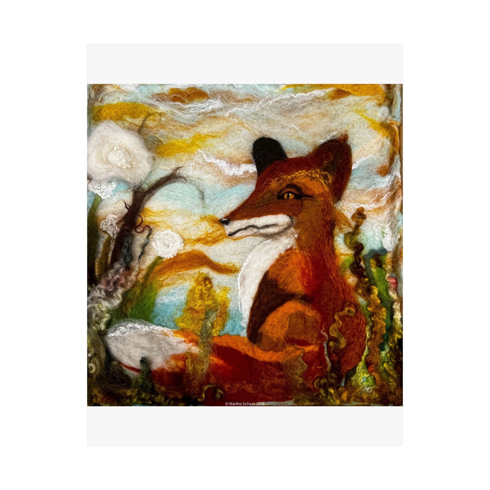 Golden Fox Afternoon art print from original felted wool painting  Matte Vertical Poster | Forest Animal Wall Art